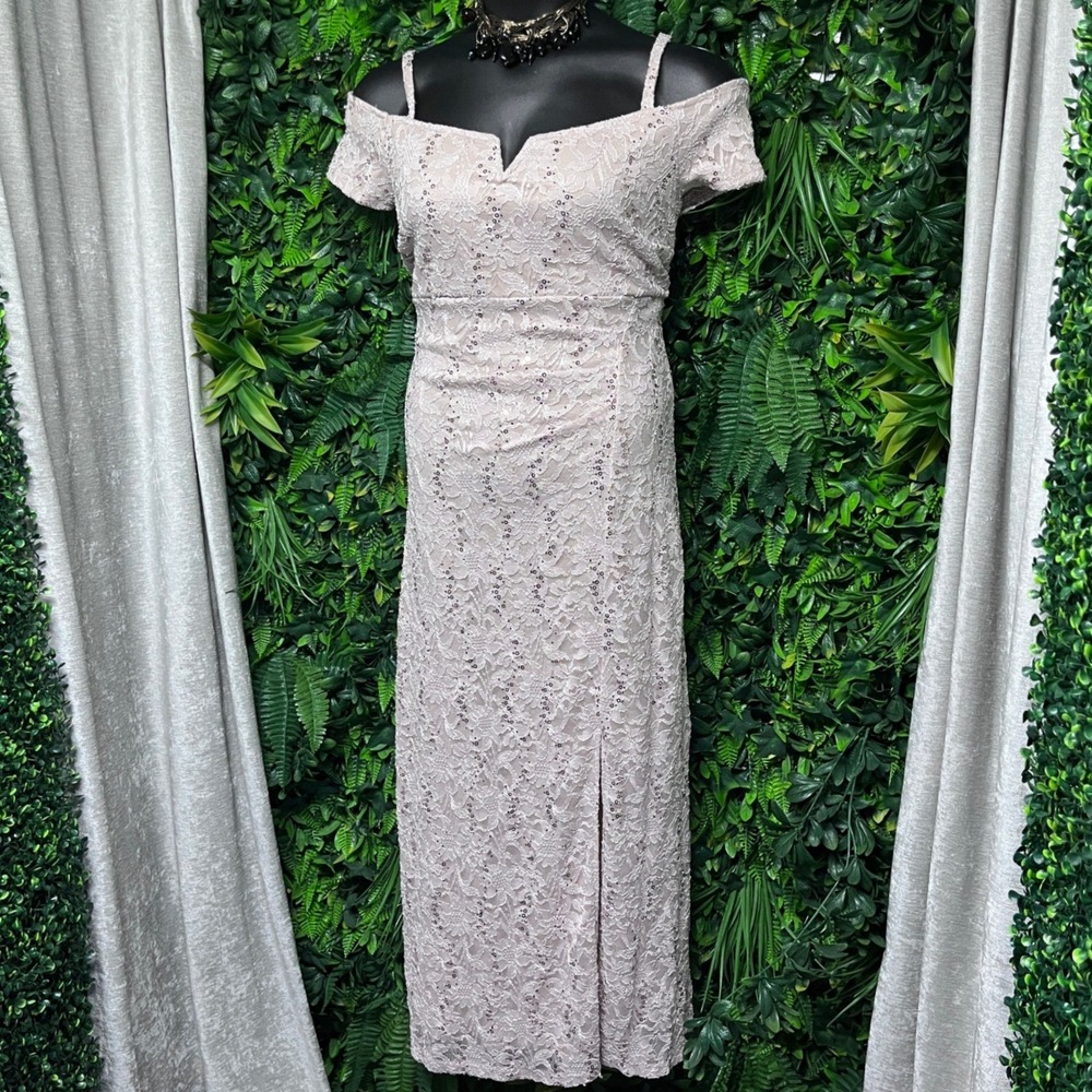 Candalite Dress‎ PXL Beige Nude Sequin Lace Off Shoulder Gown 3632